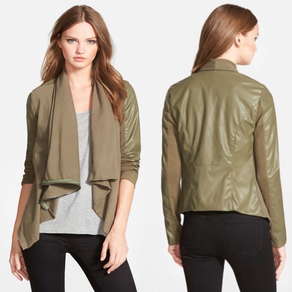 BlankNYC Green Mixed Media Drape Front Jacket